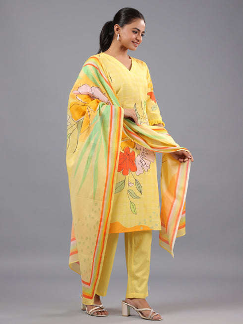 Yellow Cotton Abstract Print Kurti Set