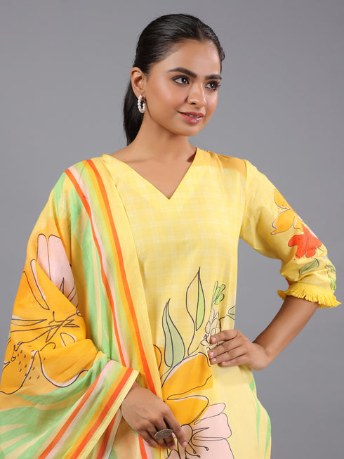 Yellow Cotton Abstract Print Kurti Set