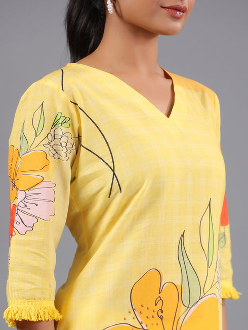 Yellow Cotton Abstract Print Kurti Set