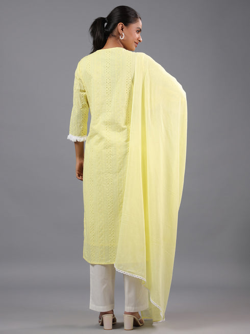 Yellow Cotton Cutwork Embroidered Kurti Set