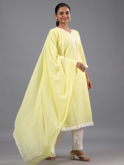Yellow Cotton Cutwork Embroidered Kurti Set
