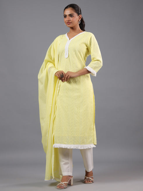 Yellow Cotton Cutwork Embroidered Kurti Set