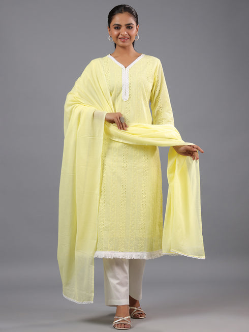 Yellow Cotton Cutwork Embroidered Kurti Set