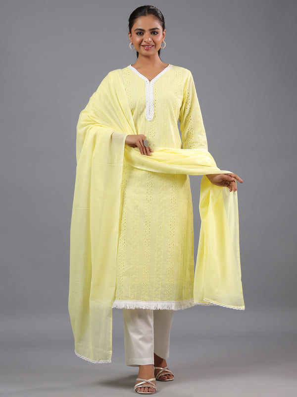 Yellow Cotton Cutwork Embroidered Kurti Set