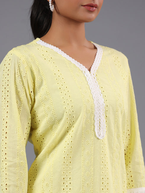 Yellow Cotton Cutwork Embroidered Kurti Set