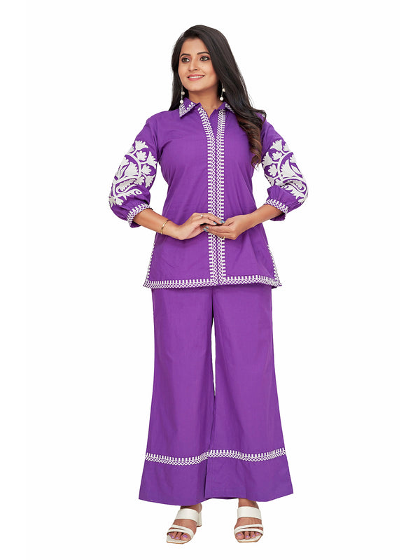 Amchoor Purple Cotton Solid Print Co-Ord Set for Women's