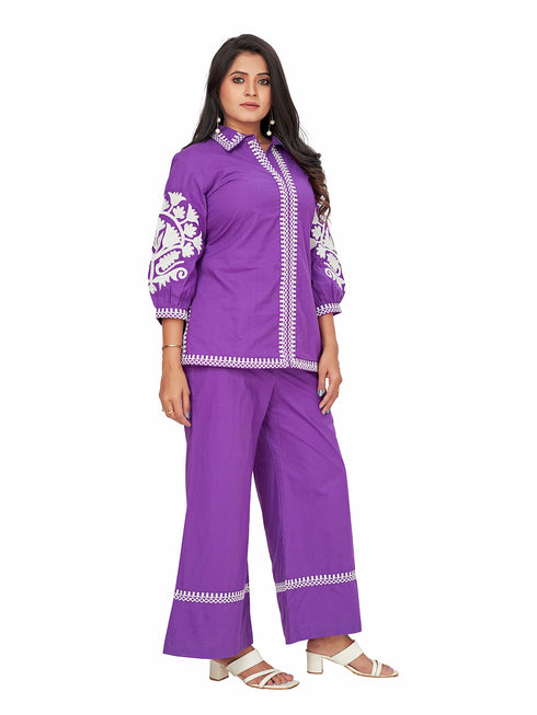 Amchoor Purple Cotton Solid Print Co-Ord Set for Women's