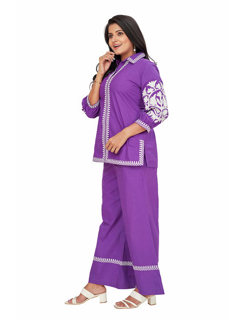 Amchoor Purple Cotton Solid Print Co-Ord Set for Women's