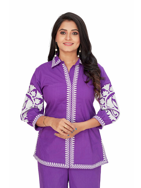 Amchoor Purple Cotton Solid Print Co-Ord Set for Women's