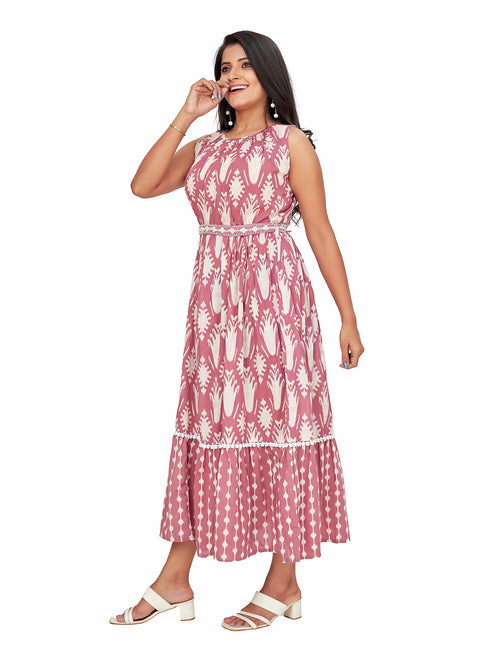 Amchoor Mauve Cotton Abstract Print Dresses for Women's