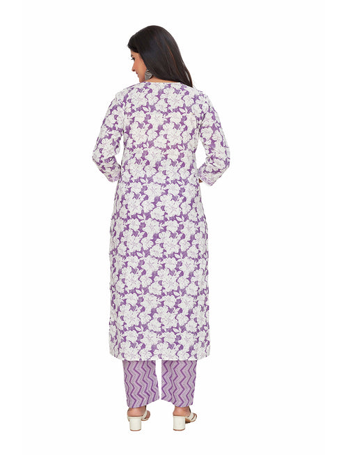 Amchoor Purple Cotton Floral Print KURTI SET for Women's
