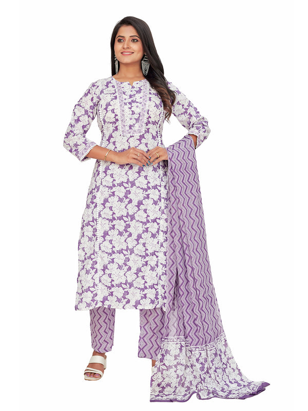 Amchoor Purple Cotton Floral Print KURTI SET for Women's