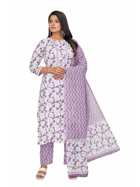Amchoor Purple Cotton Floral Print KURTI SET for Women's
