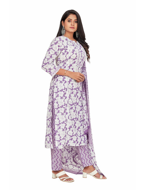 Amchoor Purple Cotton Floral Print KURTI SET for Women's