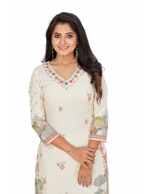 Amchoor Cream Cotton Floral Print KURTI SET for Women's