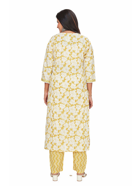 Amchoor Musturd Cotton Floral Print KURTI SET for Women's
