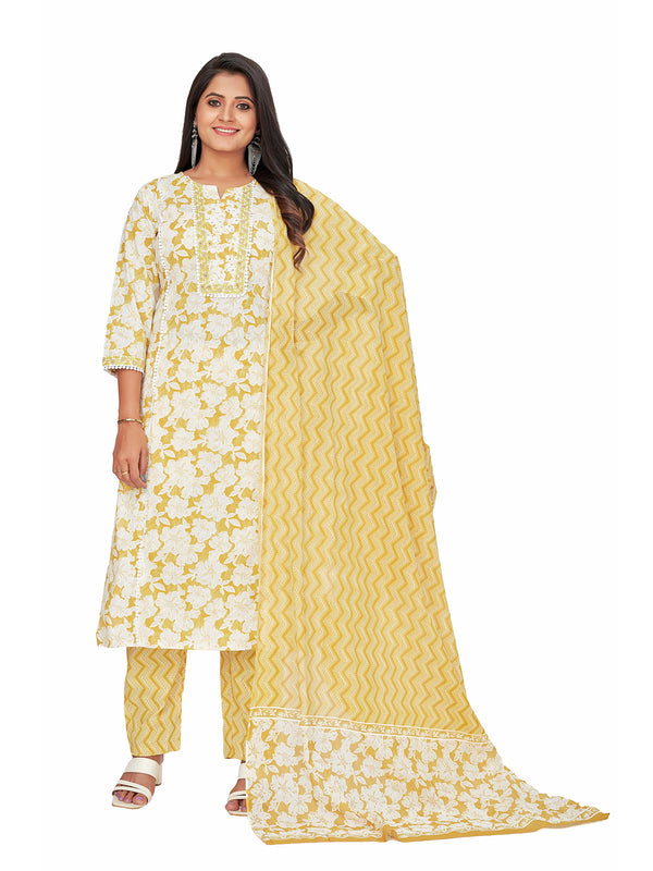 Amchoor Musturd Cotton Floral Print KURTI SET for Women's
