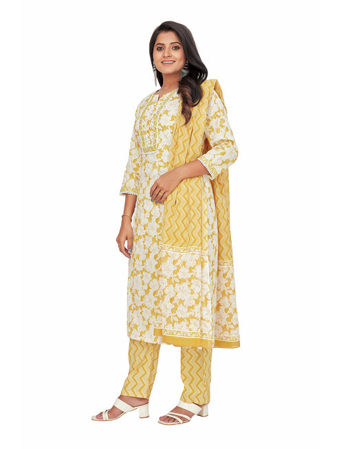 Amchoor Musturd Cotton Floral Print KURTI SET for Women's
