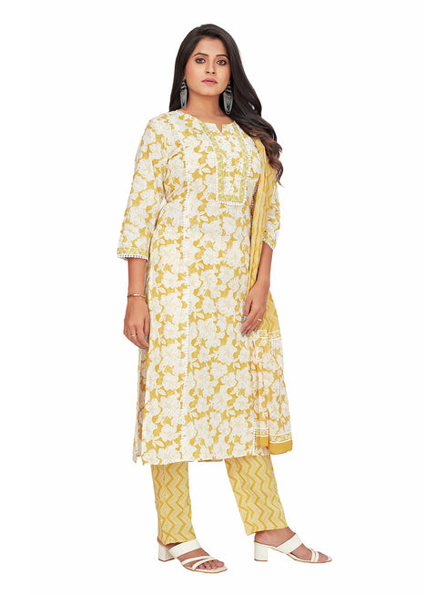 Amchoor Musturd Cotton Floral Print KURTI SET for Women's