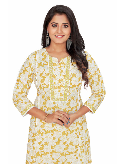 Amchoor Musturd Cotton Floral Print KURTI SET for Women's