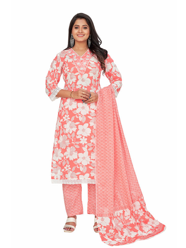 Amchoor Peach Cotton Floral Print KURTI SET for Women's