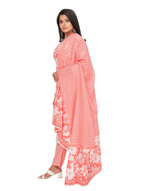 Amchoor Peach Cotton Floral Print KURTI SET for Women's