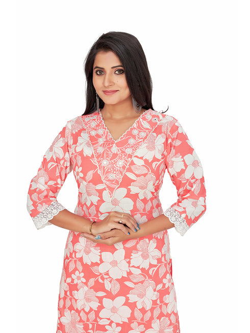 Amchoor Peach Cotton Floral Print KURTI SET for Women's