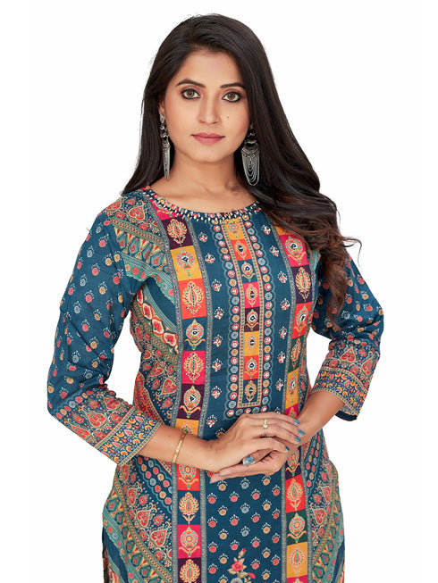 Amchoor Blue Cotton Ajrakh Print KURTI SET for Women's