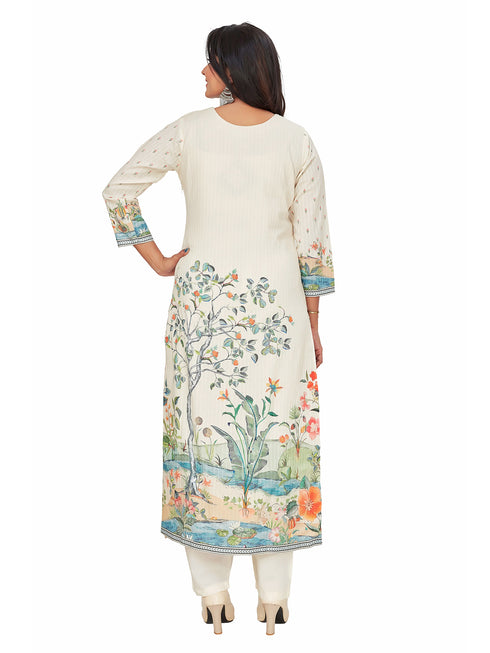 Amchoor Cream Cotton Floral Print KURTI SET for Women's