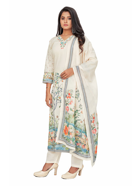 Amchoor Cream Cotton Floral Print KURTI SET for Women's