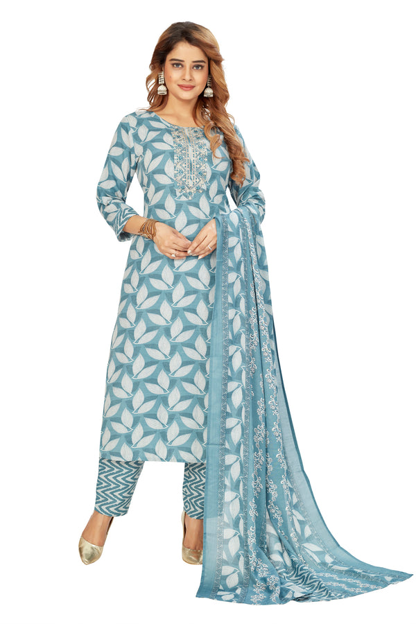 Amchoor Teal Cotton Floral Print Kurti Set for Women's