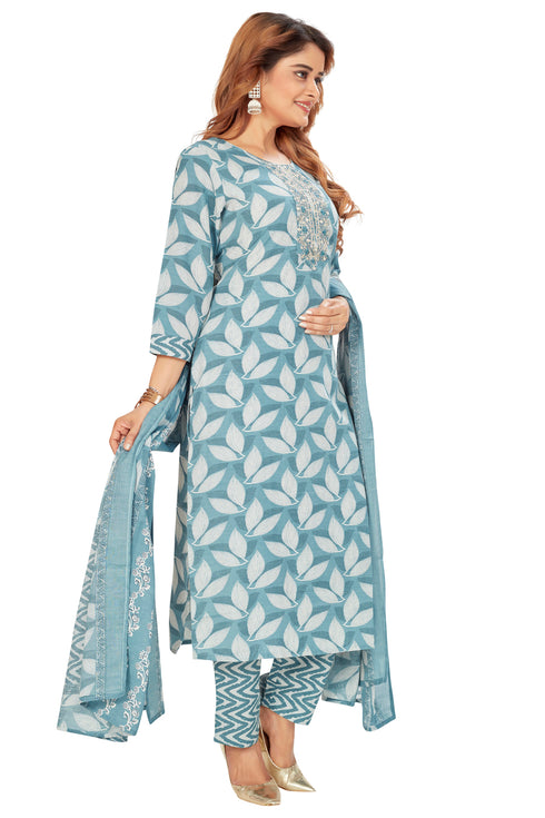 Amchoor Teal Cotton Floral Print Kurti Set for Women's