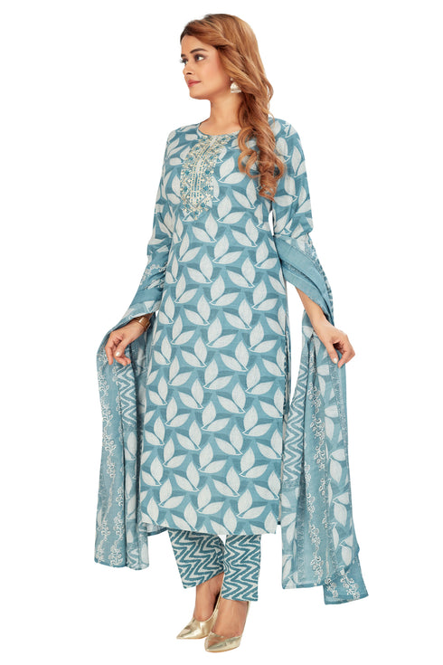 Amchoor Teal Cotton Floral Print Kurti Set for Women's