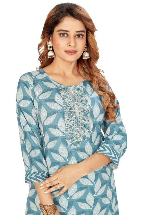 Amchoor Teal Cotton Floral Print Kurti Set for Women's