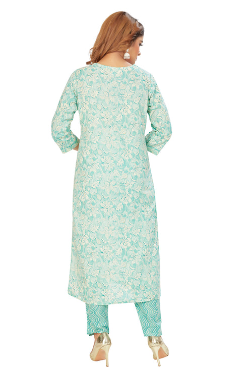 Amchoor Aqua Cotton Floral Print Kurti Set for Women's