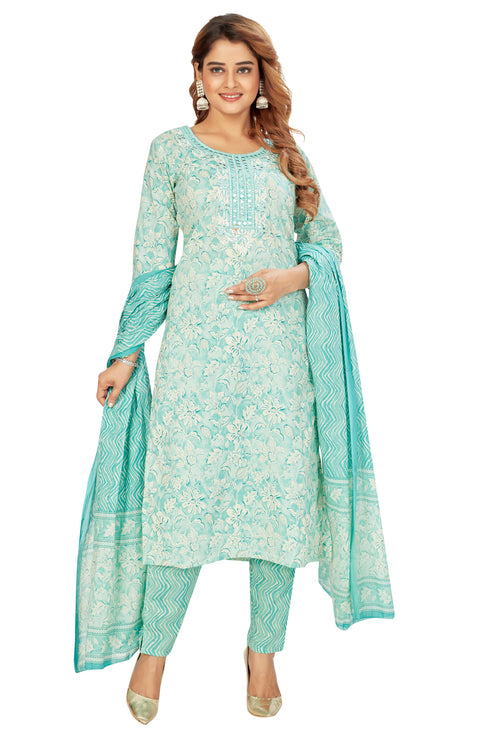 Amchoor Aqua Cotton Floral Print Kurti Set for Women's