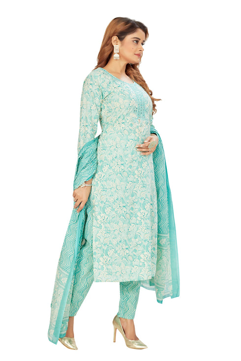 Amchoor Aqua Cotton Floral Print Kurti Set for Women's