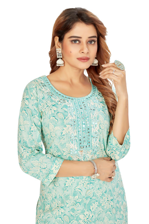 Amchoor Aqua Cotton Floral Print Kurti Set for Women's