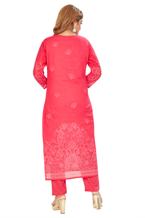 Amchoor Pink Cotton Floral Print Kurti Set for Women's