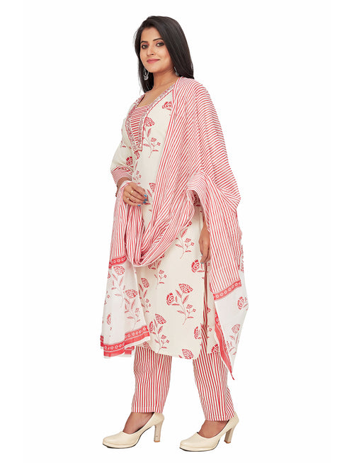 Amchoor Red Cotton Floral Print KURTI SET for Women's