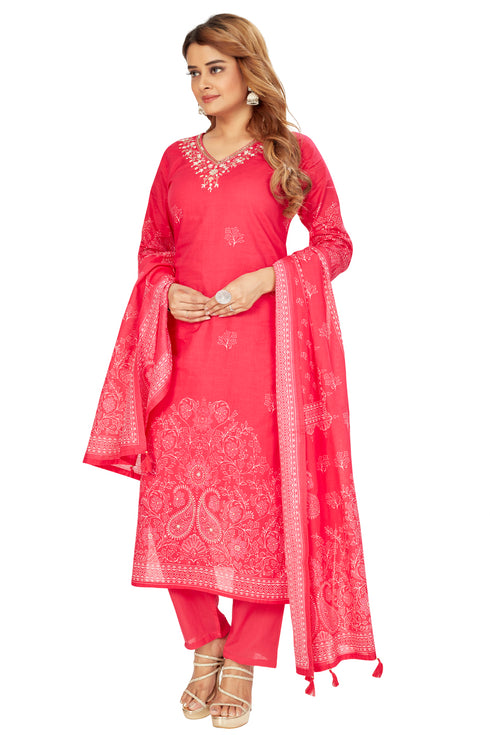 Amchoor Pink Cotton Floral Print Kurti Set for Women's