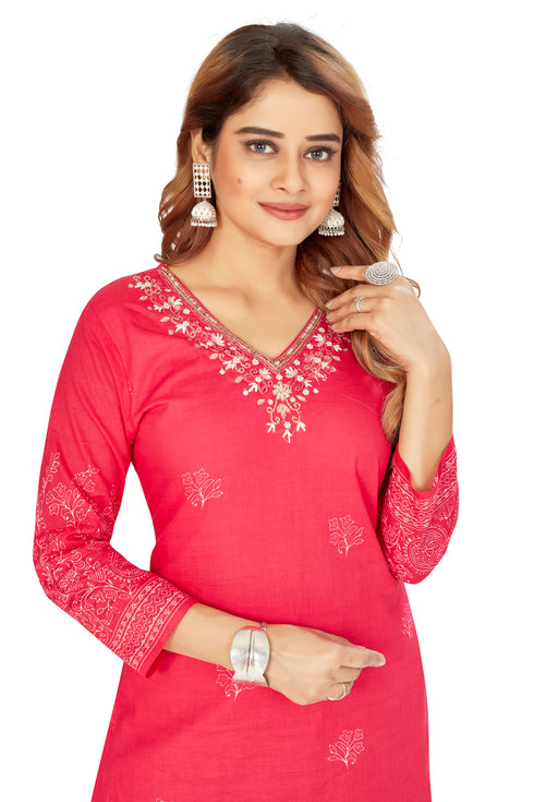 Amchoor Pink Cotton Floral Print Kurti Set for Women's