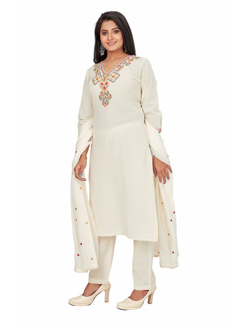 Amchoor Cream Cotton Embroidered KURTI SET for Women's