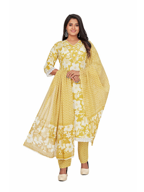 Amchoor Green Cotton Floral Print KURTI SET for Women's
