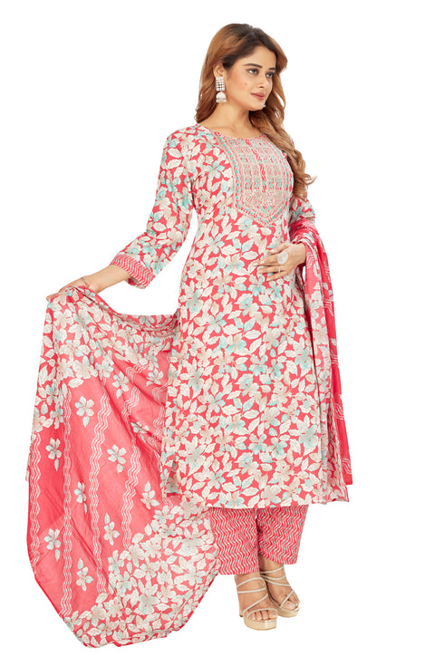 Amchoor Pink Cotton Floral Print Kurti Set for Women's