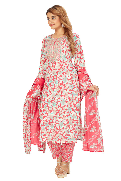 Amchoor Pink Cotton Floral Print Kurti Set for Women's