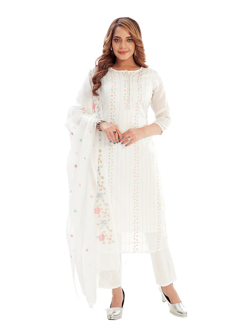 Amchoor Offwhite Kota Embroidered Print Kurti Set for Women's