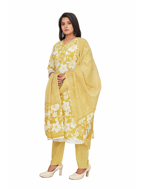 Amchoor Green Cotton Floral Print KURTI SET for Women's