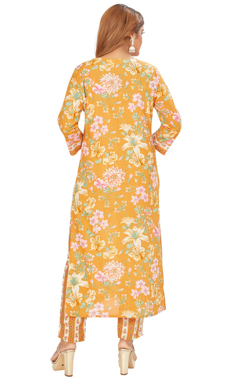 Amchoor Mustard Cotton Floral Print Kurti Set for Women's