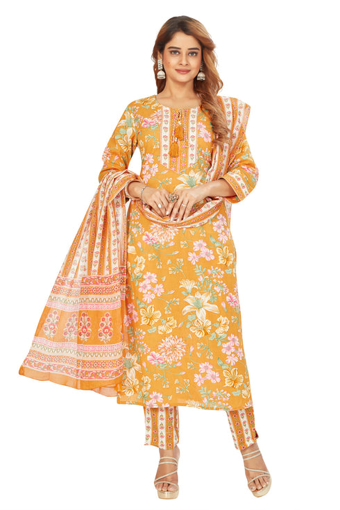 Amchoor Mustard Cotton Floral Print Kurti Set for Women's